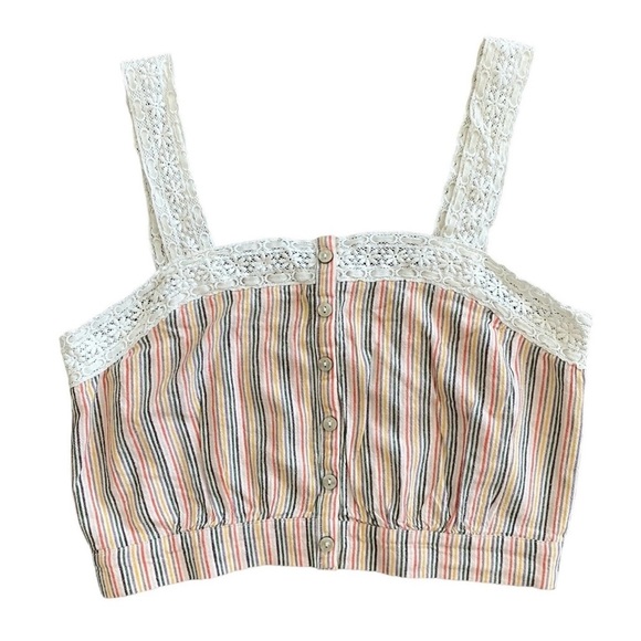 American Eagle Striped Linen Blend Lace Sleeveless Cropped Top Size Medium NWT - Picture 1 of 10